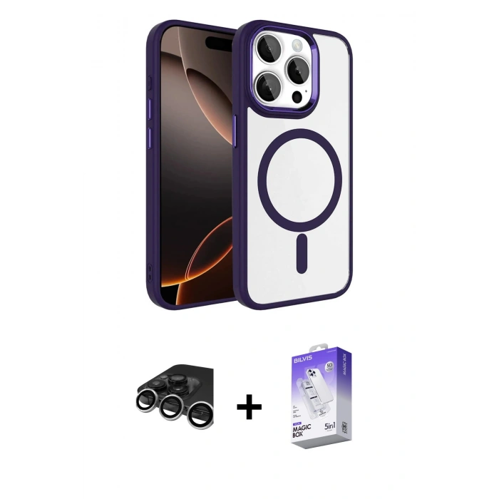 MARSİLYAN™- iPhone 15 Pro Max Kılıf Kıvılcım Prime - Siyah Bilvis 5in1 3D Magic Cam Ekran Koruyucu + Raze Metal Kamera Lens - GS