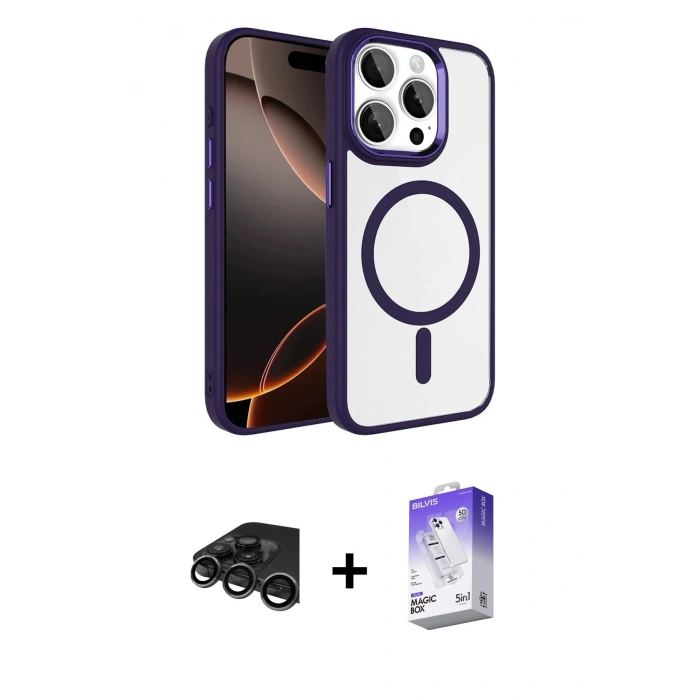 MARSİLYAN™- iPhone 15 Pro Max Kılıf Kıvılcım Prime - Siyah Bilvis 5in1 3D Magic Cam Ekran Koruyucu + Raze Metal Kamera Lens - TMGI