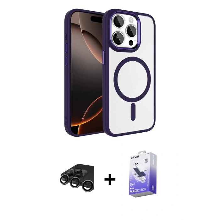 MARSİLYAN™- iPhone 15 Pro Max Kılıf Kıvılcım Prime - Siyah Bilvis 5in1 5D Magic Hayalet Cam Ekran Koruyucu + Titanyum Gri Raze Metal Kamera Lens