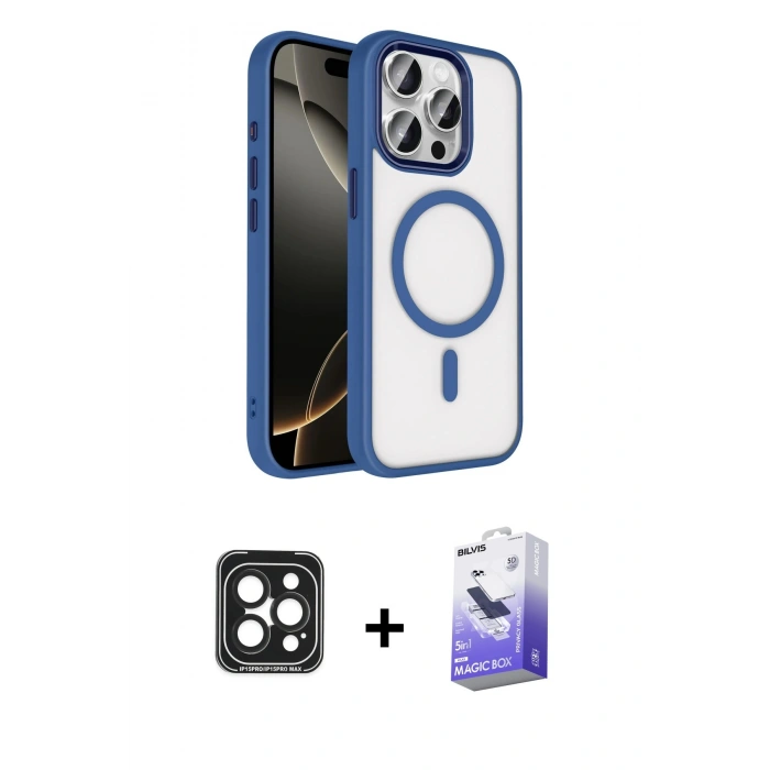 MARSİLYAN™- iPhone 15 Pro Max Kılıf Kıvılcım Prime - Siyah Bilvis 5in1 5D Magic Hayalet Cam Ekran Koruyucu + Siyah PVD Metal Kamera Lens