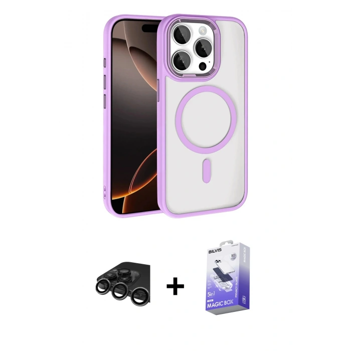 MARSİLYAN™- iPhone 15 Pro Max Kılıf Kıvılcım Prime - Siyah Bilvis 5in1 5D Magic Hayalet Cam Ekran Koruyucu + Titanyum Gri Raze Metal Kamera Lens
