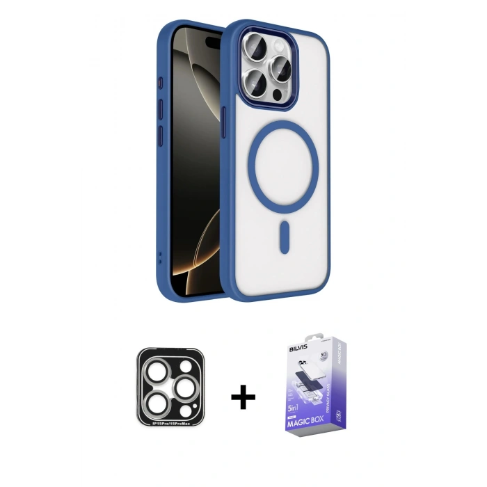 MARSİLYAN™- iPhone 15 Pro Max Kılıf Kıvılcım Prime - Siyah Bilvis 5in1 5D Magic Hayalet Cam Ekran Koruyucu + PVD Metal Kamera Lens - GS