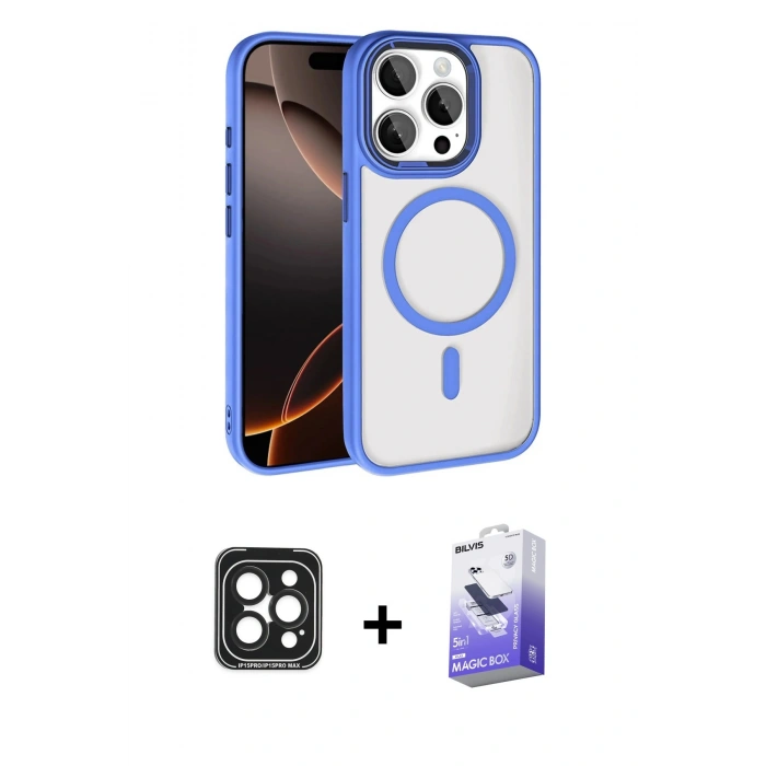 MARSİLYAN™- iPhone 15 Pro Max Kılıf Kıvılcım Prime - Siyah Bilvis 5in1 5D Magic Hayalet Cam Ekran Koruyucu + Siyah PVD Metal Kamera Lens
