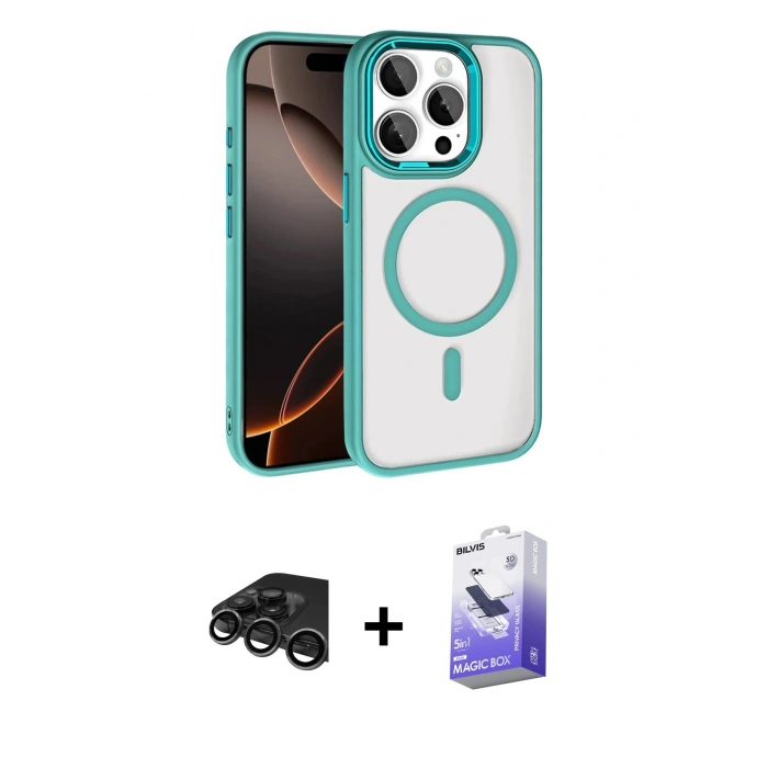 MARSİLYAN™- iPhone 15 Pro Max Kılıf Kıvılcım Prime - Siyah Bilvis 5in1 5D Magic Hayalet Cam Ekran Koruyucu + Titanyum Gri Raze Metal Kamera Lens