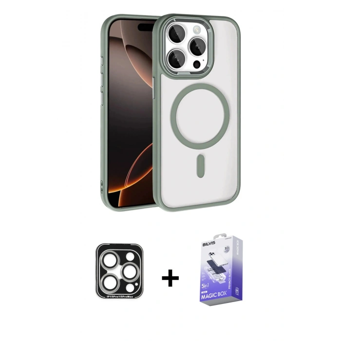 MARSİLYAN™- iPhone 15 Pro Max Kılıf Kıvılcım Prime - Siyah Bilvis 5in1 5D Magic Hayalet Cam Ekran Koruyucu + PVD Metal Kamera Lens - GS