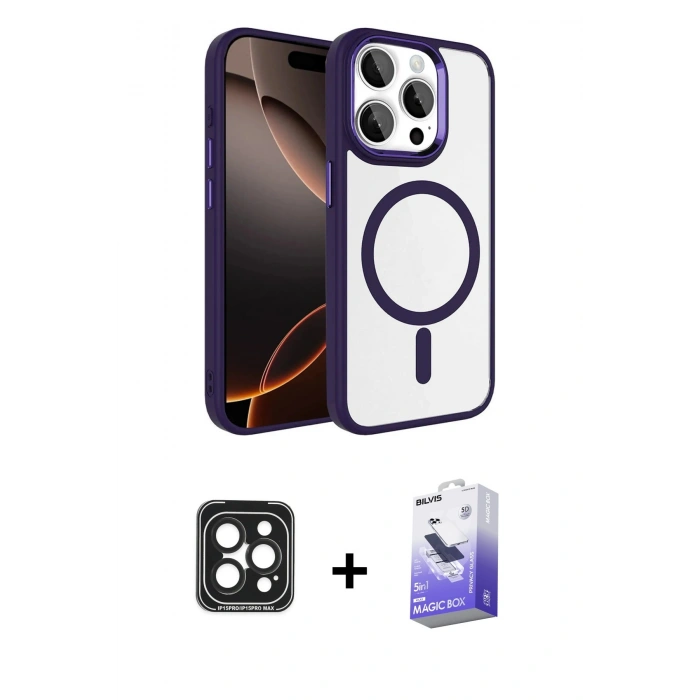 MARSİLYAN™- iPhone 15 Pro Max Kılıf Kıvılcım Prime - Siyah Bilvis 5in1 5D Magic Hayalet Cam Ekran Koruyucu + Siyah PVD Metal Kamera Lens