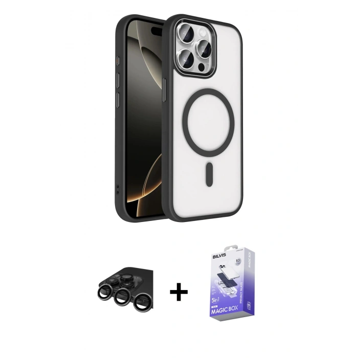 MARSİLYAN™- iPhone 15 Pro Max Kılıf Kıvılcım Prime - Siyah Bilvis 5in1 5D Magic Hayalet Cam Ekran Koruyucu + Titanyum Gri Raze Metal Kamera Lens