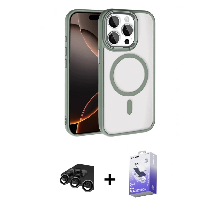 MARSİLYAN™- iPhone 15 Pro Max Kılıf Kıvılcım Prime - Siyah Bilvis 5in1 5D Magic Hayalet Cam Ekran Koruyucu + Titanyum Gri Raze Metal Kamera Lens