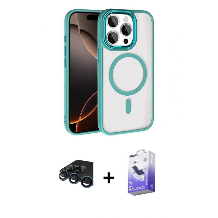 MARSİLYAN™- iPhone 15 Pro Max Kılıf Kıvılcım Prime - Siyah Bilvis 5in1 5D Magic Hayalet Cam Ekran Koruyucu + Raze Metal Kamera Lens - LT