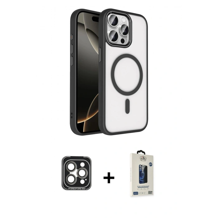 MARSİLYAN™- iPhone 15 Pro Max Kılıf Kıvılcım Prime - Siyah Bilvis Hayalet Cam Ekran Koruyucu + PVD Metal Kamera Lens - GI