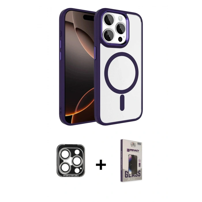 MARSİLYAN™- iPhone 15 Pro Max Kılıf Kıvılcım Prime - Siyah Bilvis Hayalet Cam Ekran Koruyucu + PVD Metal Kamera Lens - GS