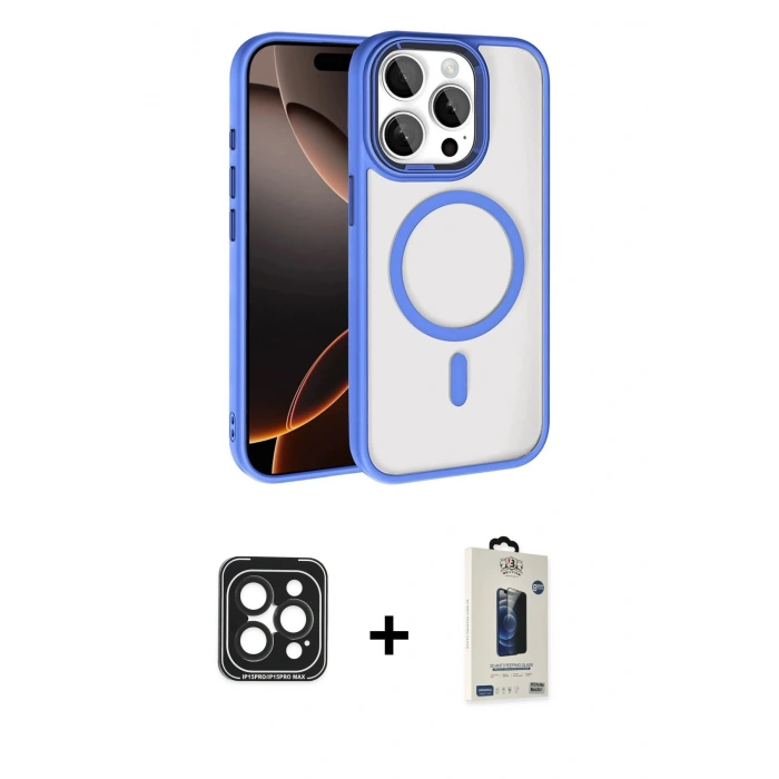 MARSİLYAN™- iPhone 15 Pro Max Kılıf Kıvılcım Prime - Siyah Bilvis Hayalet Cam Ekran Koruyucu + PVD Metal Kamera Lens - SH