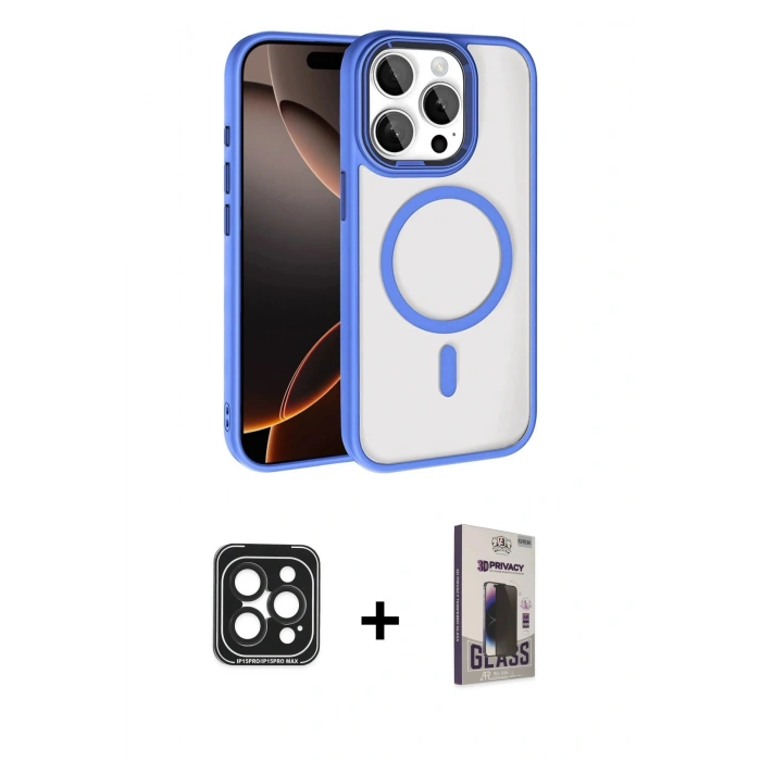 MARSİLYAN™- iPhone 15 Pro Max Kılıf Kıvılcım Prime - Siyah Bilvis Hayalet Cam Ekran Koruyucu + PVD Metal Kamera Lens - SH