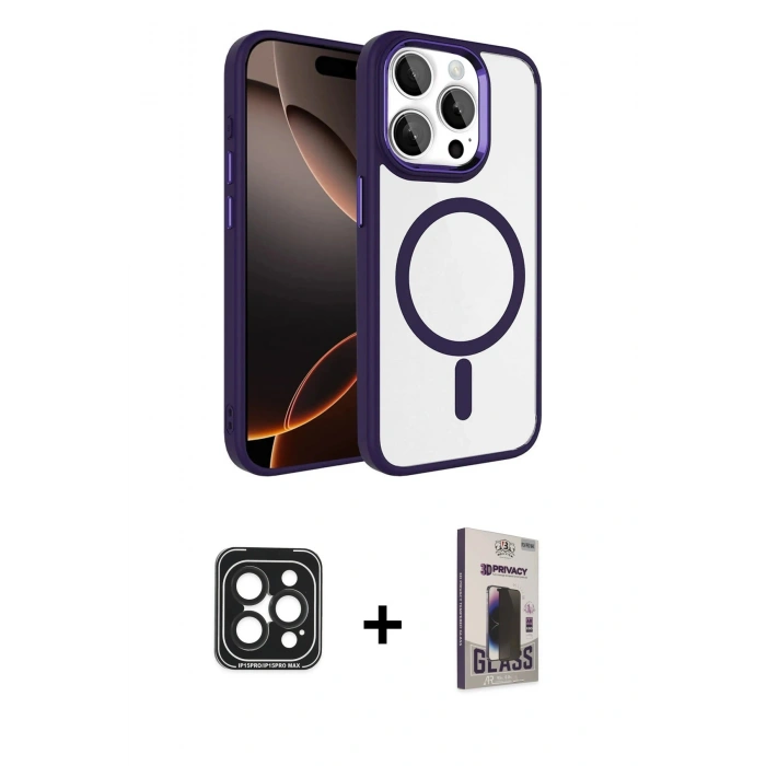 MARSİLYAN™- iPhone 15 Pro Max Kılıf Kıvılcım Prime - Siyah Bilvis Hayalet Cam Ekran Koruyucu + PVD Metal Kamera Lens - SH