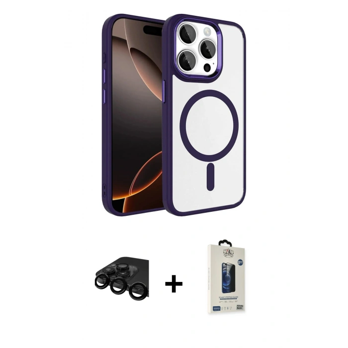 MARSİLYAN™- iPhone 15 Pro Max Kılıf Kıvılcım Prime - Siyah Bilvis Hayalet Cam Ekran Koruyucu + Raze Metal Kamera Lens - SH