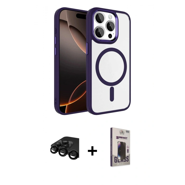 MARSİLYAN™- iPhone 15 Pro Max Kılıf Kıvılcım Prime - Siyah Bilvis Hayalet Cam Ekran Koruyucu + Raze Metal Kamera Lens - SH