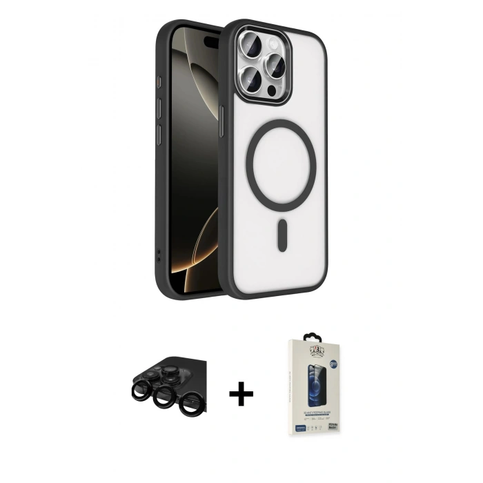 MARSİLYAN™- iPhone 15 Pro Max Kılıf Kıvılcım Prime - Siyah Bilvis Hayalet Cam Ekran Koruyucu + Raze Metal Kamera Lens - SH