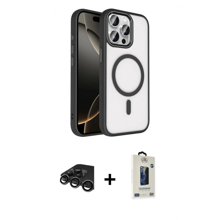 MARSİLYAN™- iPhone 15 Pro Max Kılıf Kıvılcım Prime - Siyah Bilvis Hayalet Cam Ekran Koruyucu + Raze Metal Kamera Lens - TMGI