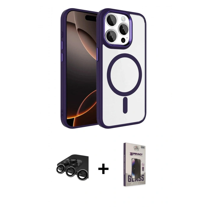 MARSİLYAN™- iPhone 15 Pro Max Kılıf Kıvılcım Prime - Siyah Bilvis Hayalet Cam Ekran Koruyucu + Titanyum Gri Raze Metal Kamera Lens