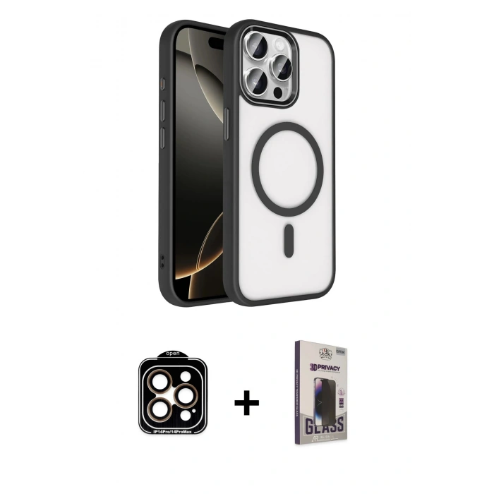 MARSİLYAN™- iPhone 15 Pro Max Kılıf Kıvılcım Prime - Siyah Bilvis Hayalet Cam Ekran Koruyucu + PVD Metal Kamera Lens - TU