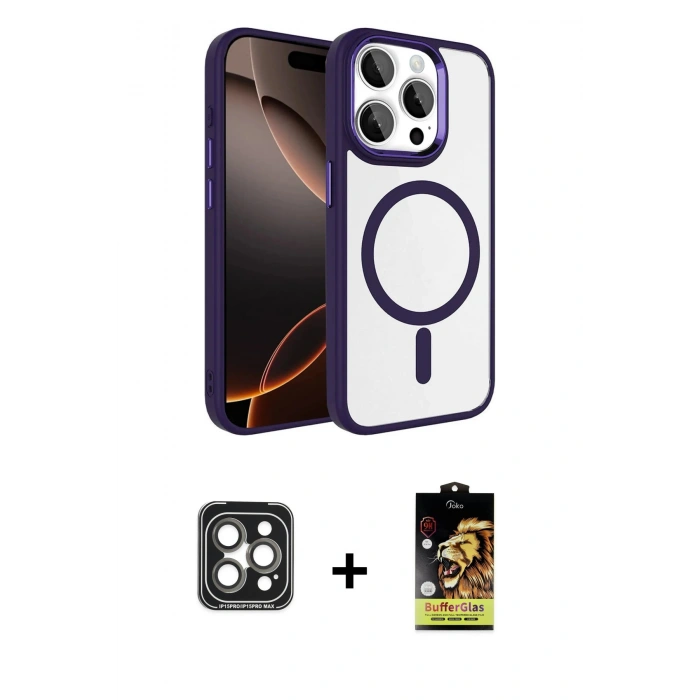 MARSİLYAN™- iPhone 15 Pro Max Kılıf Kıvılcım Prime - Siyah Buffer Cam Ekran Koruyucu + Gri PVD Metal Kamera Lens