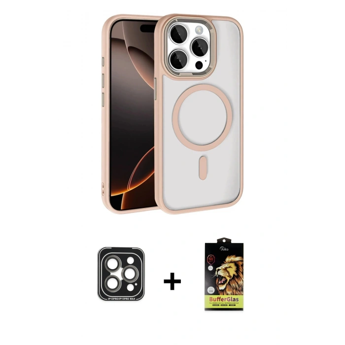 MARSİLYAN™- iPhone 15 Pro Max Kılıf Kıvılcım Prime - Siyah Buffer Cam Ekran Koruyucu + Gri PVD Metal Kamera Lens