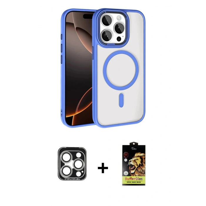 MARSİLYAN™- iPhone 15 Pro Max Kılıf Kıvılcım Prime - Siyah Buffer Cam Ekran Koruyucu + PVD Metal Kamera Lens - GS