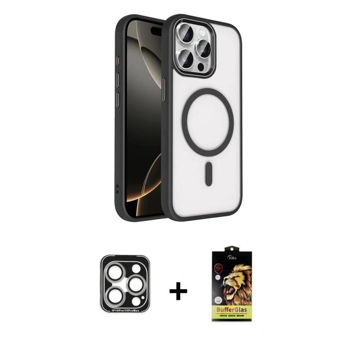 MARSİLYAN™- iPhone 15 Pro Max Kılıf Kıvılcım Prime - Siyah Buffer Cam Ekran Koruyucu + PVD Metal Kamera Lens - GS