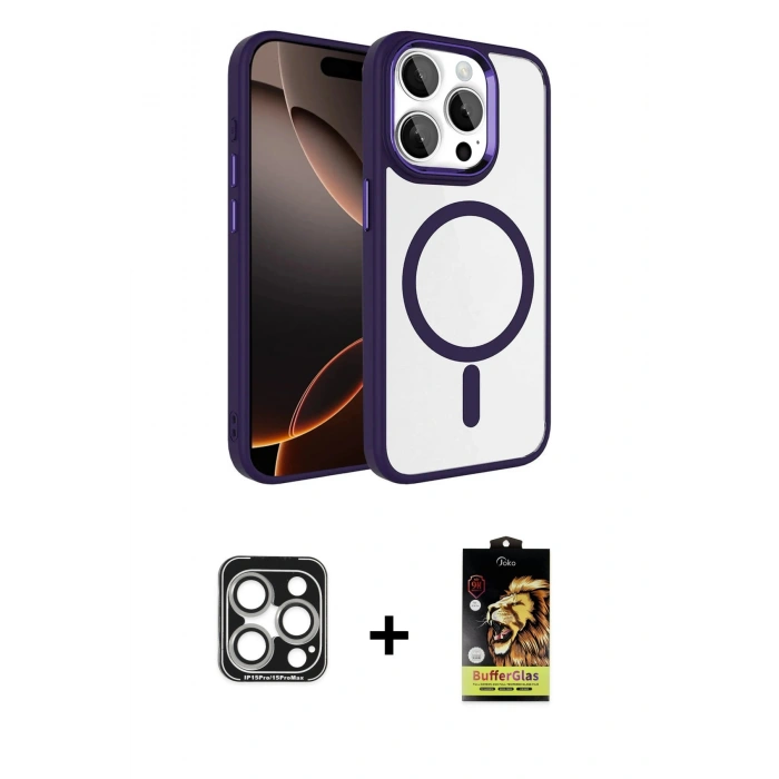 MARSİLYAN™- iPhone 15 Pro Max Kılıf Kıvılcım Prime - Siyah Buffer Cam Ekran Koruyucu + PVD Metal Kamera Lens - GS