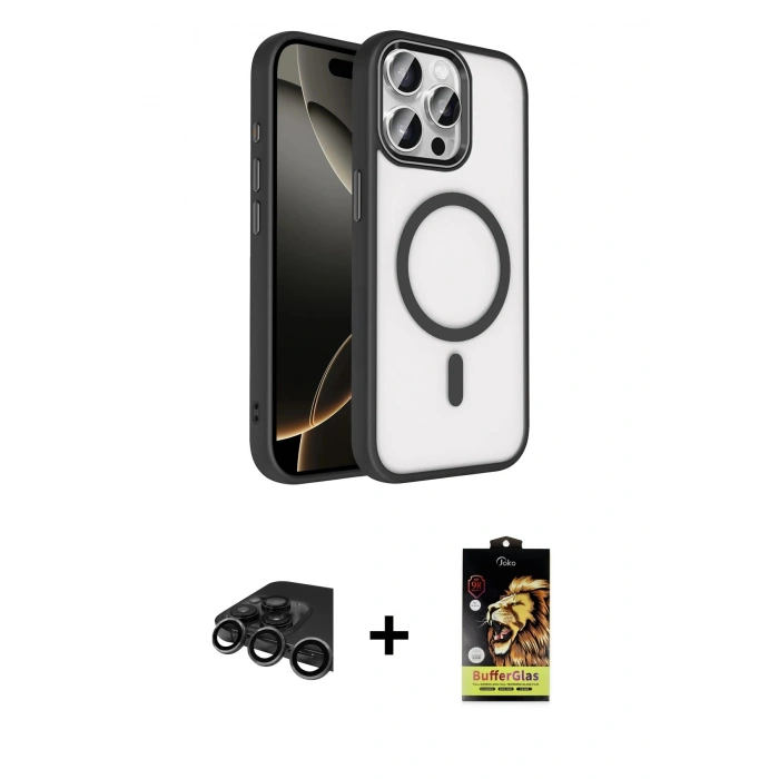MARSİLYAN™- iPhone 15 Pro Max Kılıf Kıvılcım Prime - Siyah Buffer Cam Ekran Koruyucu + Raze Metal Kamera Lens - TMGI