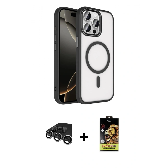 MARSİLYAN™- iPhone 15 Pro Max Kılıf Kıvılcım Prime - Siyah Buffer Cam Ekran Koruyucu + Raze Metal Kamera Lens - GS