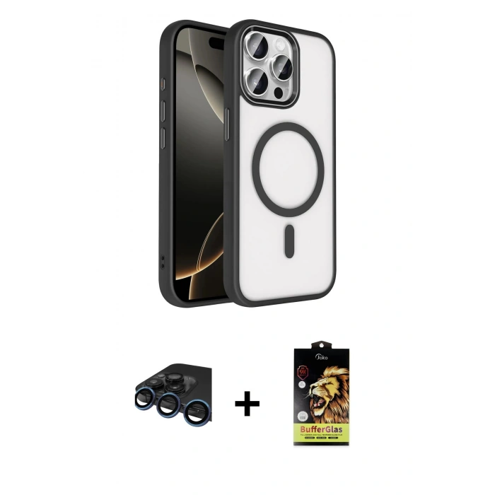 MARSİLYAN™- iPhone 15 Pro Max Kılıf Kıvılcım Prime - Siyah Buffer Cam Ekran Koruyucu + Raze Metal Kamera Lens - LT