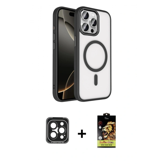 MARSİLYAN™- iPhone 15 Pro Max Kılıf Kıvılcım Prime - Siyah Buffer Cam Ekran Koruyucu + Siyah PVD Metal Kamera Lens