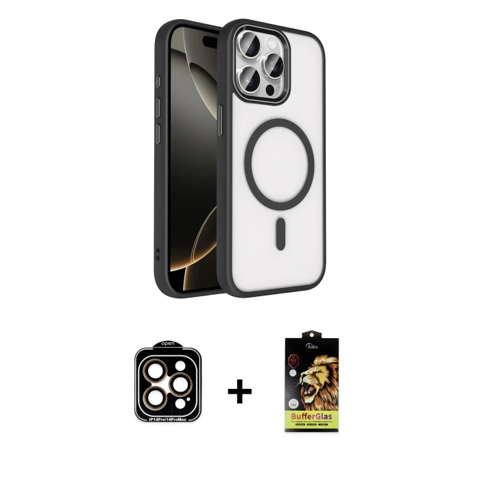 MARSİLYAN™- iPhone 15 Pro Max Kılıf Kıvılcım Prime - Siyah Buffer Cam Ekran Koruyucu + PVD Metal Kamera Lens - TU