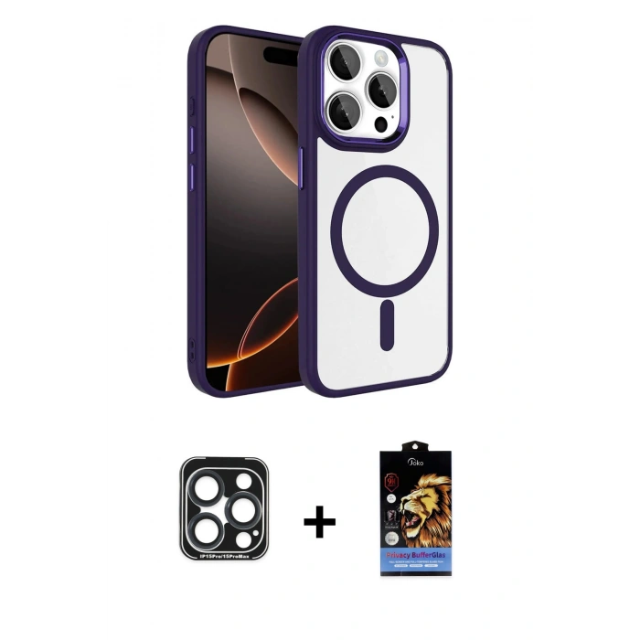 MARSİLYAN™- iPhone 15 Pro Max Kılıf Kıvılcım Prime - Siyah Buffer Hayalet Cam Ekran Koruyucu + PVD Metal Kamera Lens - LT