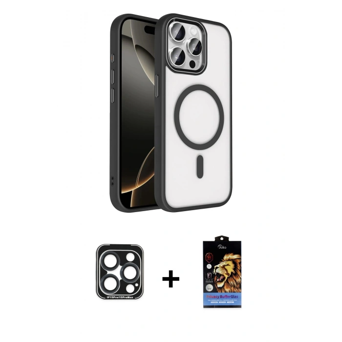 MARSİLYAN™- iPhone 15 Pro Max Kılıf Kıvılcım Prime - Siyah Buffer Hayalet Cam Ekran Koruyucu + PVD Metal Kamera Lens - LT