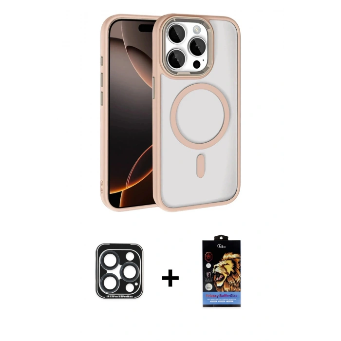 MARSİLYAN™- iPhone 15 Pro Max Kılıf Kıvılcım Prime - Siyah Buffer Hayalet Cam Ekran Koruyucu + PVD Metal Kamera Lens - LT