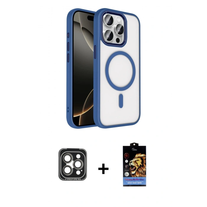 MARSİLYAN™- iPhone 15 Pro Max Kılıf Kıvılcım Prime - Siyah Buffer Hayalet Cam Ekran Koruyucu + PVD Metal Kamera Lens - GI