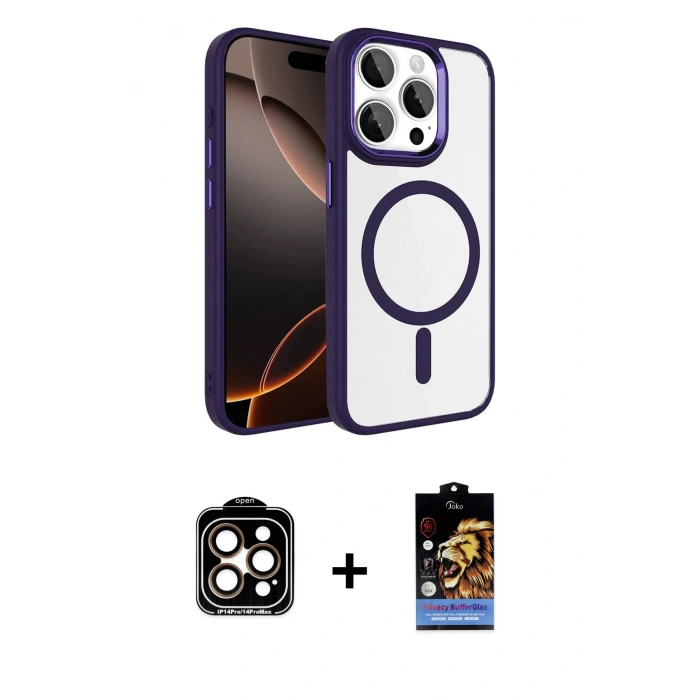 MARSİLYAN™- iPhone 15 Pro Max Kılıf Kıvılcım Prime - Siyah Buffer Hayalet Cam Ekran Koruyucu + PVD Metal Kamera Lens - TU