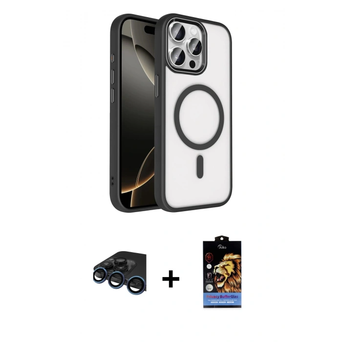 MARSİLYAN™- iPhone 15 Pro Max Kılıf Kıvılcım Prime - Siyah Buffer Hayalet Cam Ekran Koruyucu + Raze Metal Kamera Lens - LT