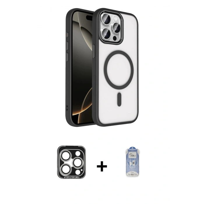 MARSİLYAN™- iPhone 15 Pro Max Kılıf Kıvılcım Prime - Siyah Joko Magic 5D Cam + Gümüş PVD Metal Kamera Lens