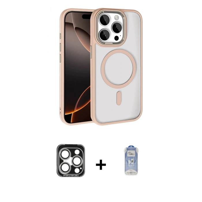 MARSİLYAN™- iPhone 15 Pro Max Kılıf Kıvılcım Prime - Siyah Joko Magic 5D Cam + Gümüş PVD Metal Kamera Lens