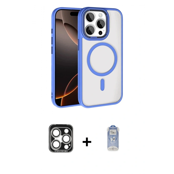 MARSİLYAN™- iPhone 15 Pro Max Kılıf Kıvılcım Prime - Siyah Joko Magic 5D Cam + Gümüş PVD Metal Kamera Lens