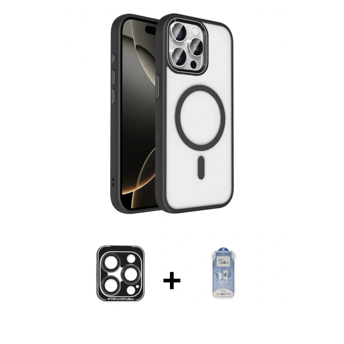 MARSİLYAN™- iPhone 15 Pro Max Kılıf Kıvılcım Prime - Siyah Joko Magic 5D Cam + PVD Metal Kamera Lens - LT