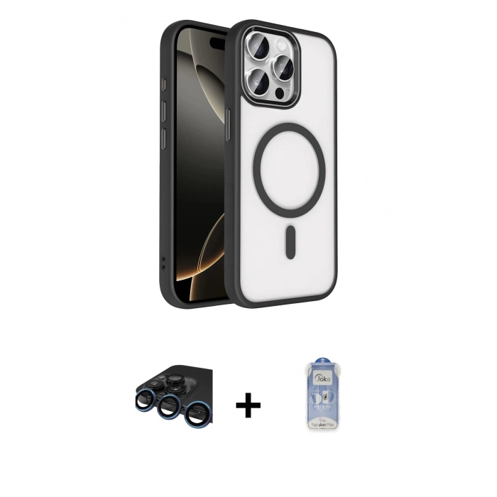 MARSİLYAN™- iPhone 15 Pro Max Kılıf Kıvılcım Prime - Siyah Joko Magic 5D Cam + Raze Metal Kamera Lens - LT