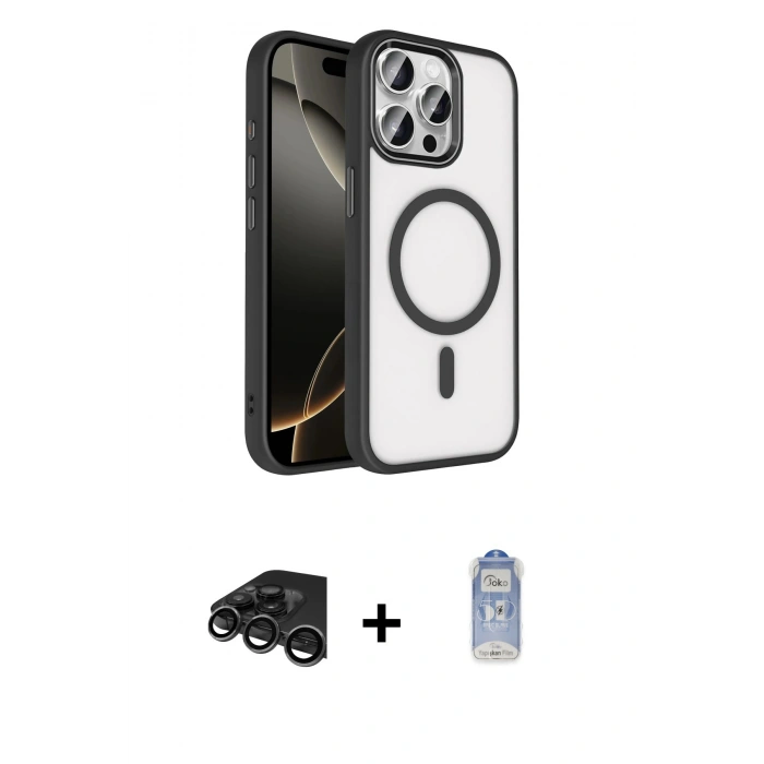 MARSİLYAN™- iPhone 15 Pro Max Kılıf Kıvılcım Prime - Siyah Joko Magic 5D Cam + Raze Metal Kamera Lens - TMGI