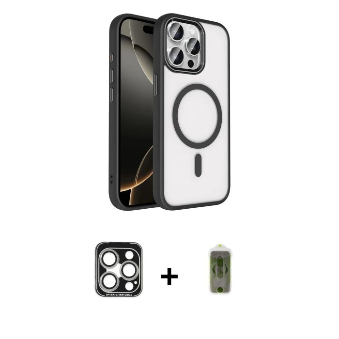 MARSİLYAN™- iPhone 15 Pro Max Kılıf Kıvılcım Prime - Siyah Joko Magic 5D Hayalet Cam + PVD Metal Kamera Lens - GS