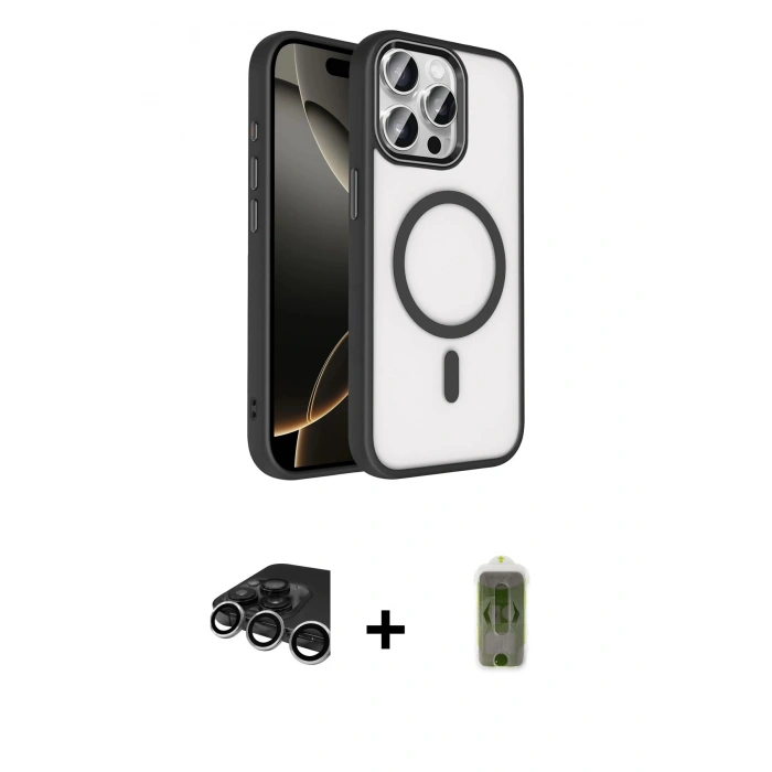 MARSİLYAN™- iPhone 15 Pro Max Kılıf Kıvılcım Prime - Siyah Joko Magic 5D Hayalet Cam + Raze Metal Kamera Lens - GS