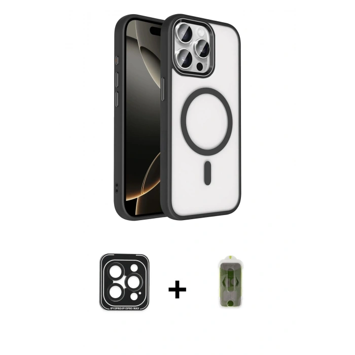 MARSİLYAN™- iPhone 15 Pro Max Kılıf Kıvılcım Prime - Siyah Joko Magic 5D Hayalet Cam + PVD Metal Kamera Lens - SH