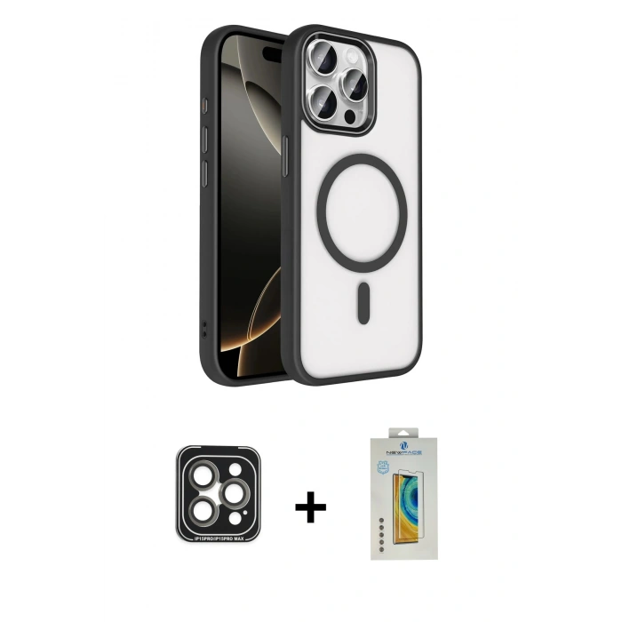 MARSİLYAN™- iPhone 15 Pro Max Kılıf Kıvılcım Prime - Siyah Polymer Nano Ekran Koruyucu + PVD Metal Kamera Lens - GI